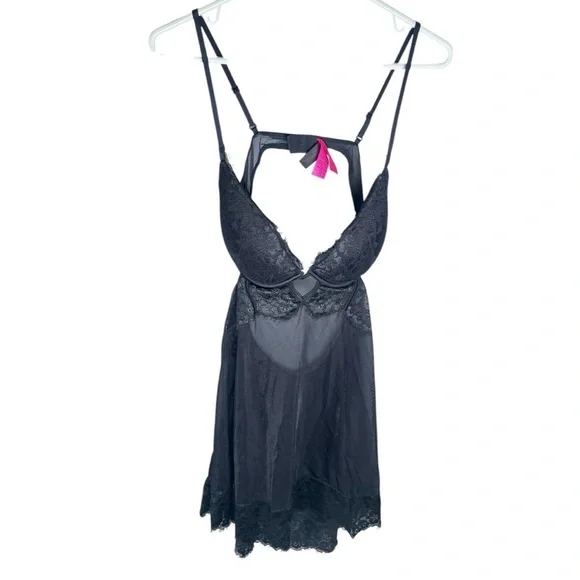 LaSenza Large Babydoll Lingerie Outfit Black Push Up Sexy Sheer Lace Chemise Bra - Picture 9 of 13